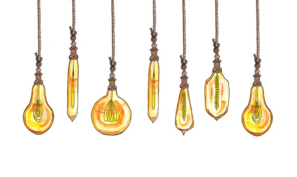 Um conjunto de ilustrações aquarela de diferentes tipos de lâmpadas no estilo loft, lâmpadas Edison, em cordas, interiores — Fotografia de Stock