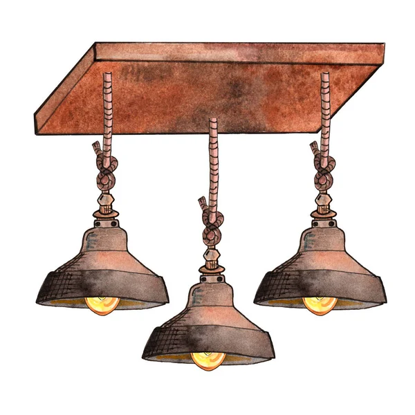Illustrazione ad acquerello di tre lampadari in metallo in stile loft su corde attaccate a una tavola sul soffitto, interno. — Foto Stock