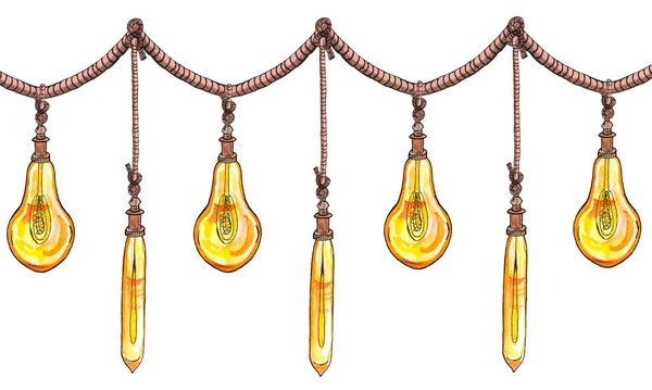 Illustrazione ad acquerello lampade edison, stile loft a forma di pera e lunghe fiaschette, su corda, interni vintage — Foto Stock