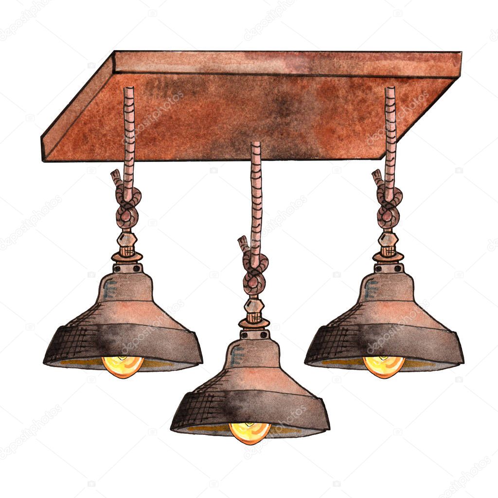 Watercolor illustration of three loft-style metal chandeliers on ropes attached to a board on the ceiling, interior.