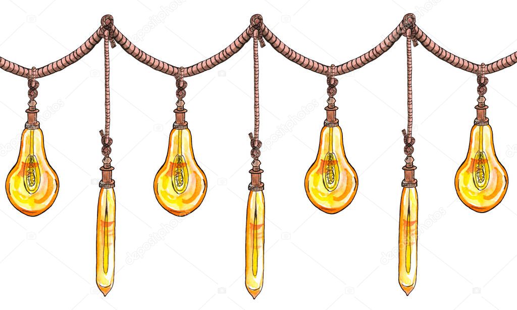 Watercolor illustration edison lamps, loft style in the form of a pear and long flasks, on a rope, vintage interiors