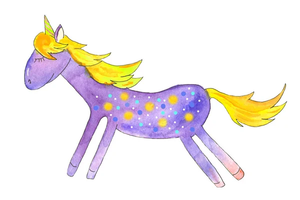 Ilustración en acuarela de un unicornio morado con lunares para niñas —  Fotos de Stock