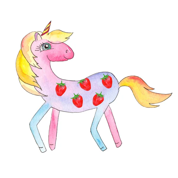 Ilustración de acuarela de unicornio rosa en ropa de impresión de fresa, para niñas —  Fotos de Stock