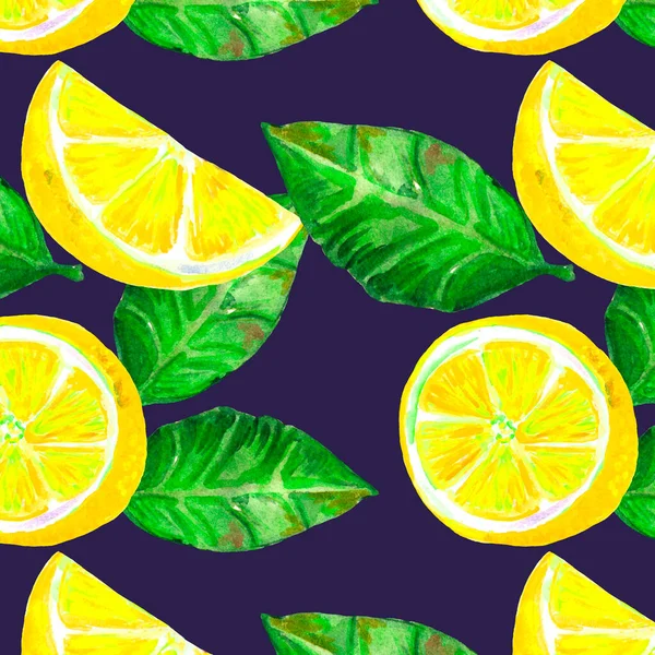 Varrat nélküli akvarell illusztráció citrom és citrusszeletek és levelek sötét kék háttér Csomagoló papír, textil. — Stock Fotó