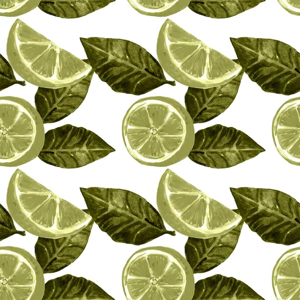 Zökkenőmentes akvarell illusztráció zöld citrom és citrusszeletek és levelek fehér alapon — Stock Fotó