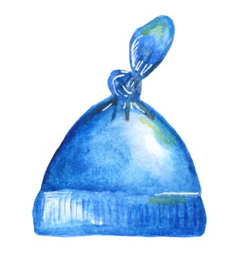 Suluboya illüstrasyon, bebek düğümlü şapka, mavi, yeni doğmuş bir çocuk için, bir çocuğun doğumu.