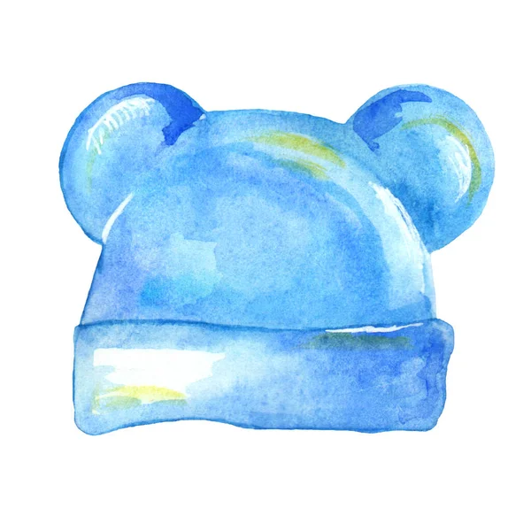 Ilustración de acuarela, sombrero de bebé con orejas, azul, para un recién nacido, un niño, el nacimiento de un niño —  Fotos de Stock