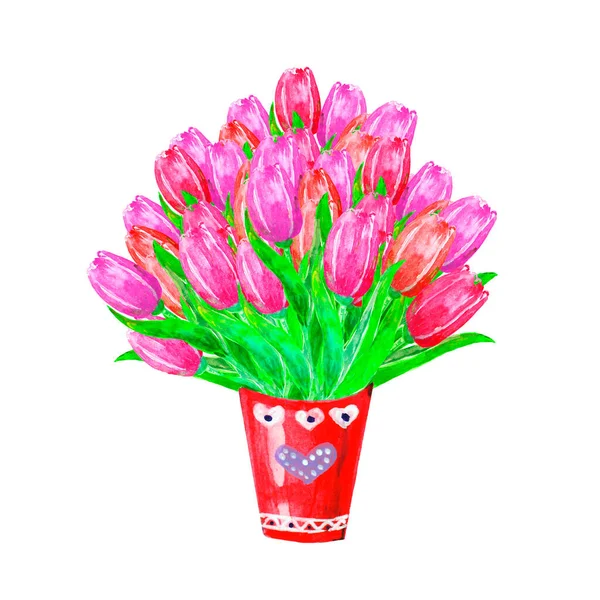 Akvarell illusztráció, egy nagy csokor fényes rózsaszín tulipán egy dekoratív vödör — Stock Fotó