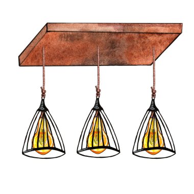 Suluboya resimli Edison lambaları, ahşap bir tahtanın üzerinde metal çubuklardan yapılmış abajur tarzı tavan arası lambaları.