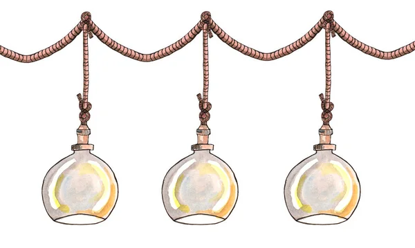 Illustrazione ad acquerello di tre lampadari su una corda, in stile soppalco, vetro. Interni, stile vintage. — Foto Stock