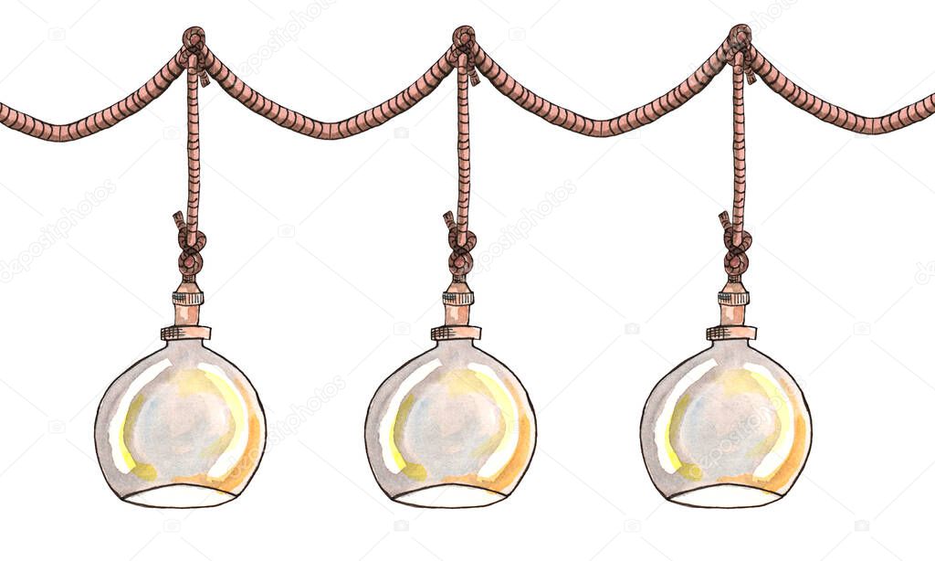 Watercolor illustration of a three chandeliers on a rope, in the loft style, glass. Interior, vintage style.