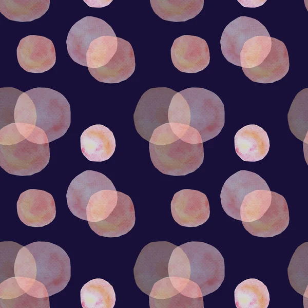 Безшовний візерунок рожевих кіл, акварельні плями, мильні бульбашки на темно-фіолетовому фоні, папір для обгортання шпалер — стокове фото