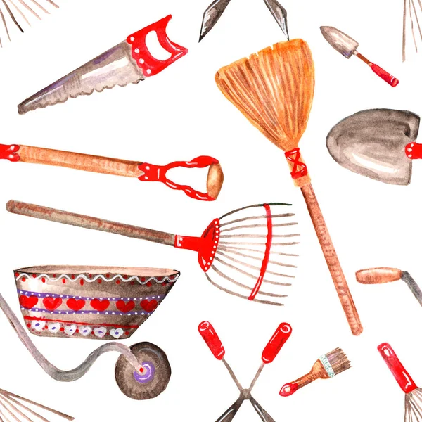 Fără sudură acuarelă model de grădinărit unelte roabă ferăstrău, secatori, lopată, mătură, perie, pe fundal alb — Fotografie, imagine de stoc