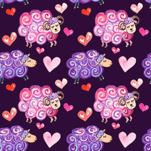 Ilustración de acuarela patrón sin costura de ovejas púrpura y azul sobre fondo púrpura oscuro con corazones rosados, para el bebé —  Fotos de Stock