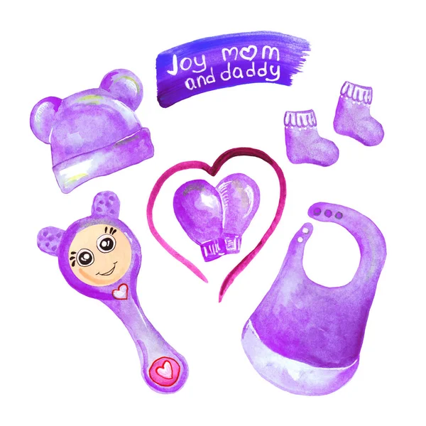 Conjunto de dibujo en acuarela: body y sombrero de bebé con orejas, manoplas y calcetines para recién nacidos, alegría de mamá y papá, magenta —  Fotos de Stock