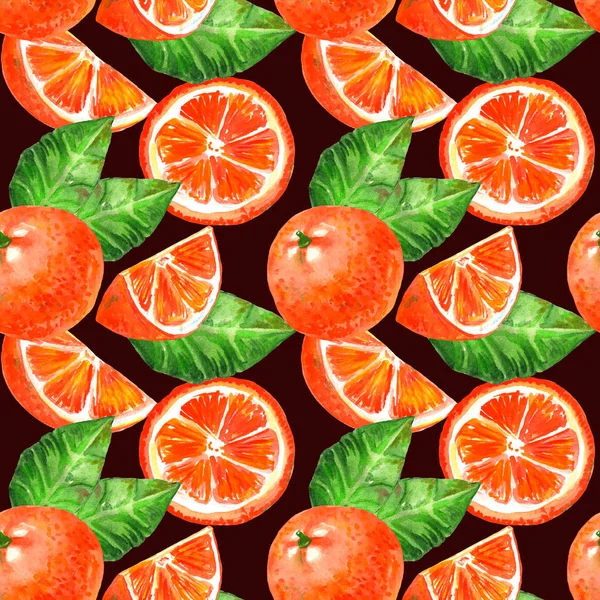 Zökkenőmentes akvarell illusztráció narancs- és citrusszeletek és levelek sötét alapon. Tapéta, csomagolópapír. — Stock Fotó