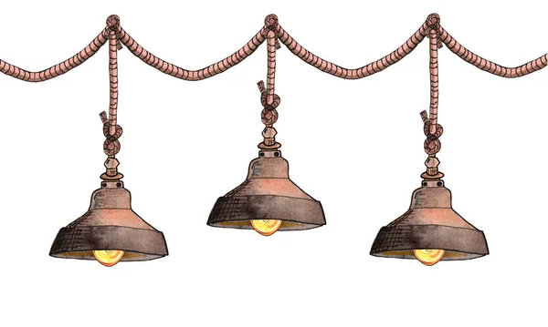 Ilustração aquarela de três lustres de metal de estilo loft em cordas anexadas a em uma corda, corda, interior. — Fotografia de Stock