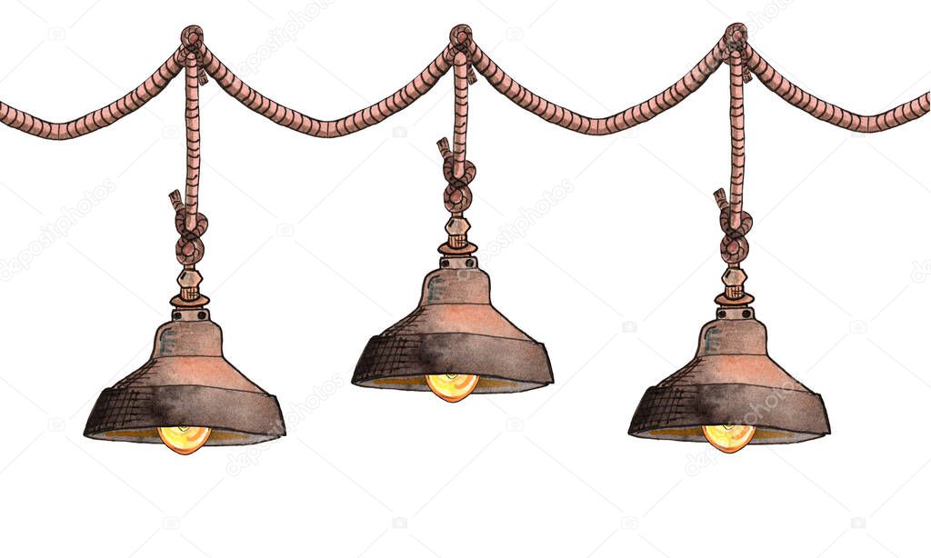 Watercolor illustration of three loft-style metal chandeliers on ropes attached to on a tightrope, rope, interior.