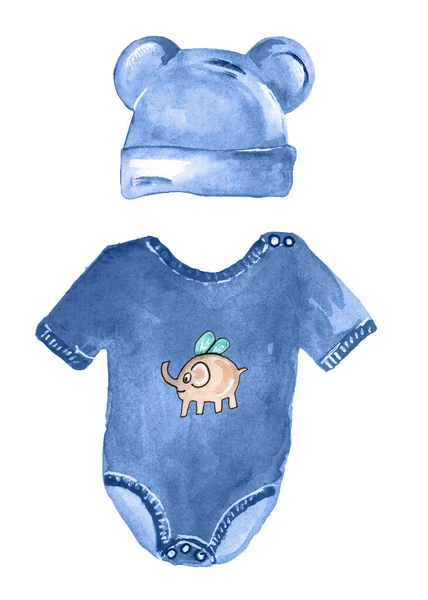 Zestaw do rysowania akwareli: dziecięcy body i kapelusz z uszami dla noworodków, nowoczesne ubranka dla niemowląt, niebieski, dla chłopców. — Zdjęcie stockowe