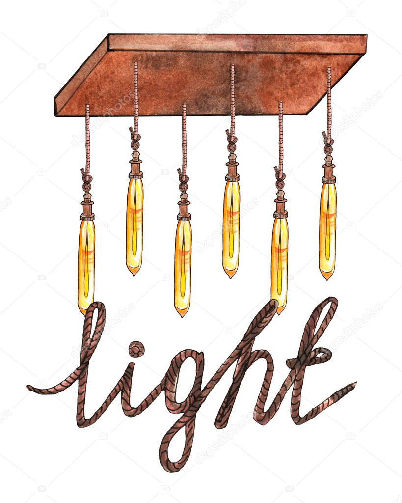 Watercolor illustration of big round light bulbs in vintage style in loft style on a wooden boardan, inscription light