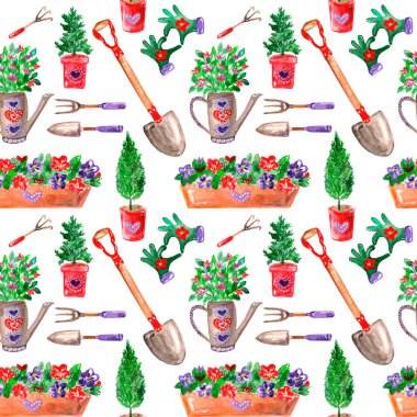 Tertemiz suluboya desenli bahçıvanlık, temalı saksı fidanları ve bahçe aletleri, beyaz arkaplanda 
