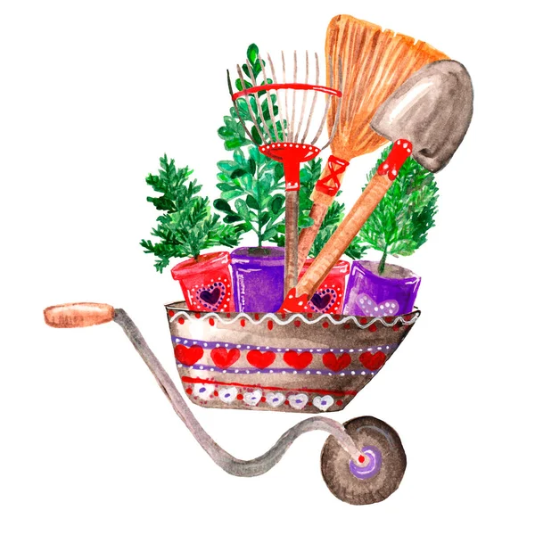 Acuarela ilustración jardín decorativo carretilla con plántulas, flores y herramientas, rastrillo, escoba, jardinería — Foto de Stock