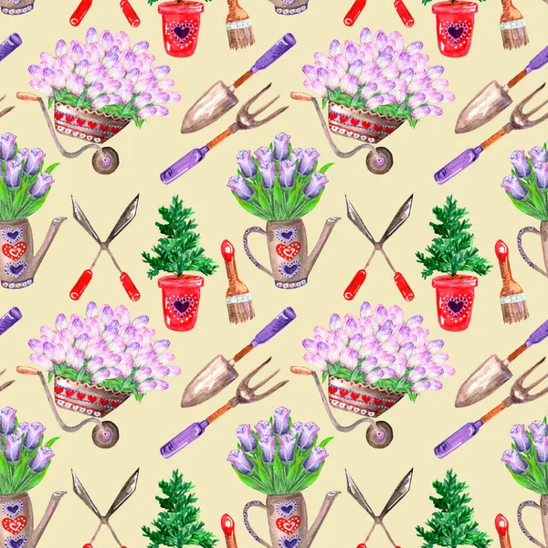 Seamless watercolor pattern gardening theme potted seedlings gardening tools, wheelbarrow tulips on pale yellow — Stock Photo, Image