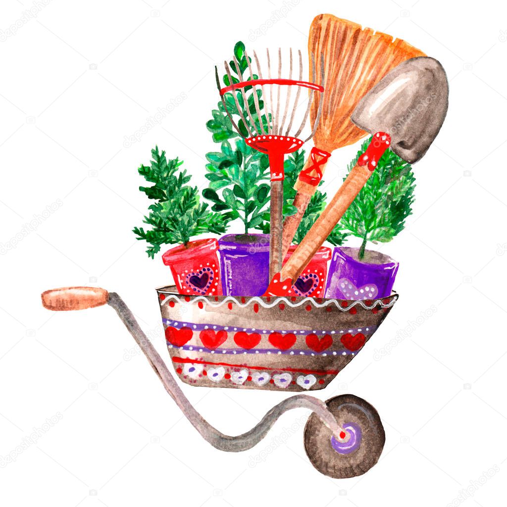 Watercolor illustration decorative garden wheelbarrow with seedlings, flowers and tools, rake, broom, gardening