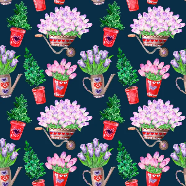Patrón de acuarela inconsútil jardinería tema plántulas macetas herramientas de jardinería carretilla tulipanes sobre fondo azul oscuro —  Fotos de Stock