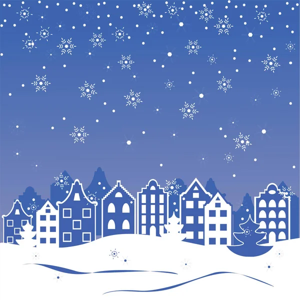 圣诞卡模板与圣诞树 房子和雪花 圣诞快乐 新年快乐 — 图库矢量图片