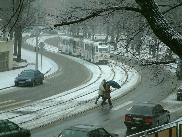 Łotwa Ryga 2021 Śnieg Miejskich Parkach Ulicach Piesi Pod Mokrym — Zdjęcie stockowe