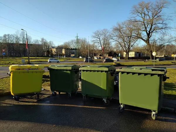 Latvia Riga 2021 Garbage Bins Separate Collection Food Waste Glass — Stock Photo, Image