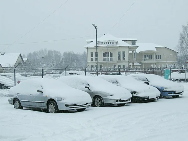 Латвия Рига 2019 Снегопад Улицах Риги Автомобили Заснеженной Парковке — стоковое фото