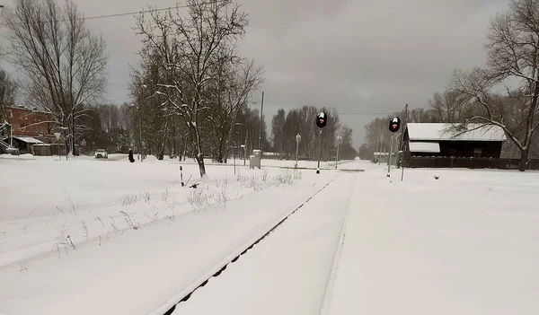 Latvia Riga 2021 Railroad Tracks Level Crossing Covered Snow — стоковое фото
