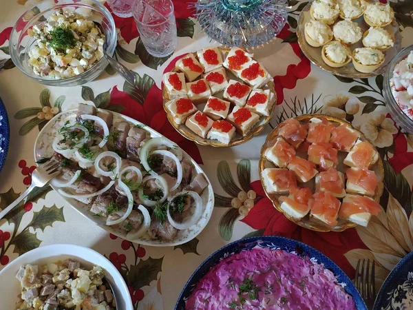 Latvia Riga 2022 Russian Style Snacks New Year Table — Foto Stock