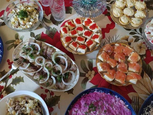 Latvia Riga 2022 Russian Style Snacks New Year Table Imagens De Bancos De Imagens