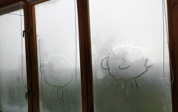 Children Drawing Glass Downpour — Foto de Stock