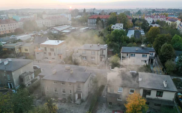 Viel Rauch Aus Den Schornsteinen Der Häuser Problem Mit Smog — Stockfoto