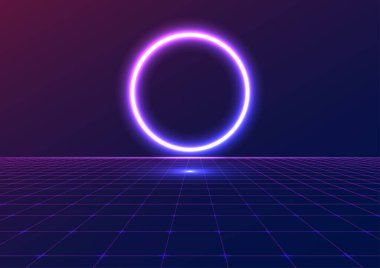 Pembe Mor Neon Parıltı Çemberi Yüzen Yüzük ve Grid Zemin Geçmişi Geleceğin Siber Parkı Soyut Arkaplan