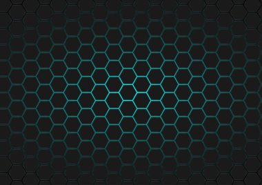 Mavi ışıklandırma efektine sahip bal peteği altıgenleri asgari teknoloji soyut arkaplan, bilim arkaplanı