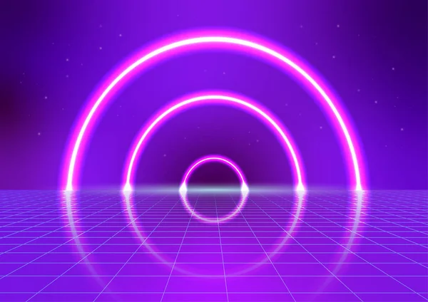 Рожевий Неоновий Світиться Цикл Відображення Blue Grid Floor Cyberpunk Футуристичний — стоковий вектор