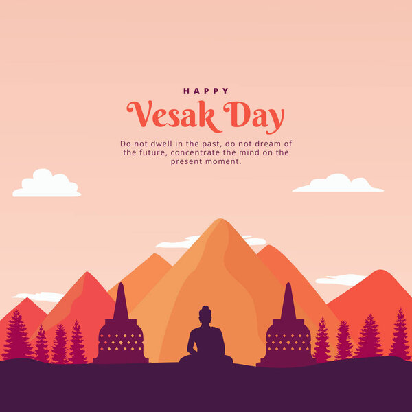 Happy Vesak Day with Buddha, Temples, Trees, and Mountains. Selamat Hari Waisak Background Vector Illustration