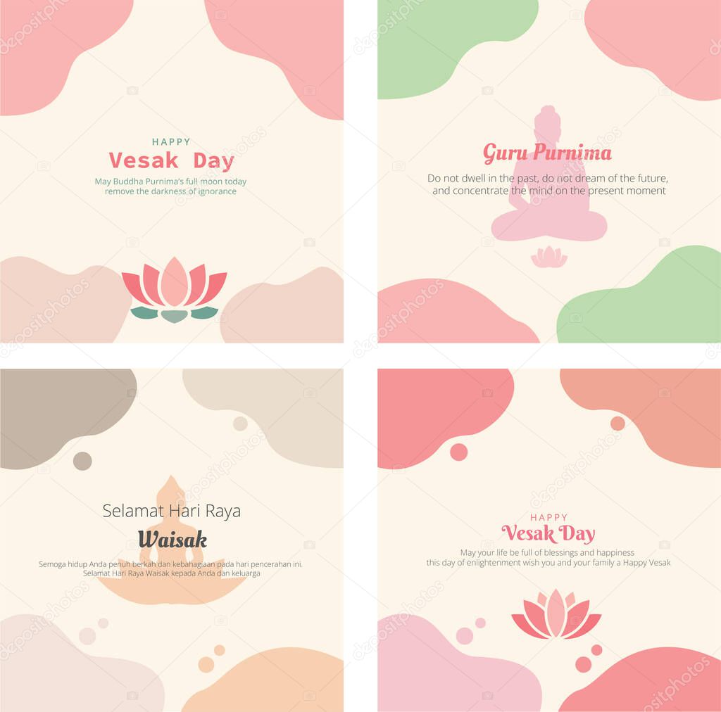 Set of Vesak Day Greeting Cards Pastel Background. Selamat Hari Raya Waisak Vector Illustration