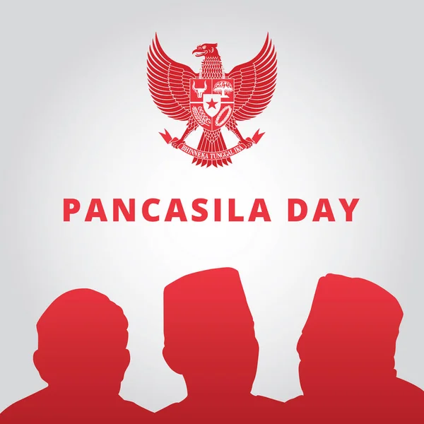 Hari Pancasila Dengan Siluet Para Bapak Pendiri Dan Simbol Indonesia - Stok Vektor