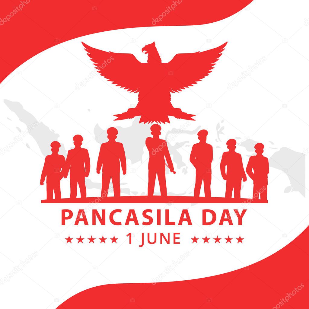 Pancasila Day 1 June with Garuda, Silhouette Revolutionary Hero, and Indonesian Island Vector Illustration