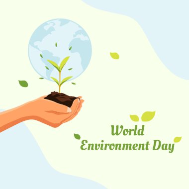 Dünya Çevre Günü Posteri. Toprak kavramına sahip bir bitkiyi tutmak. Sosyal Medya Posta Şablon Vektörü İllüstrasyonu