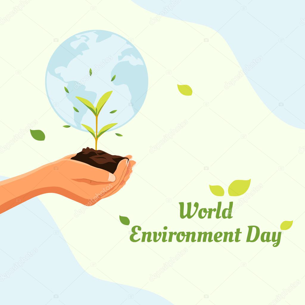 World Environment Day Poster. Hand holding a plant with earth concept. Social Media Post Template Vector Illustration