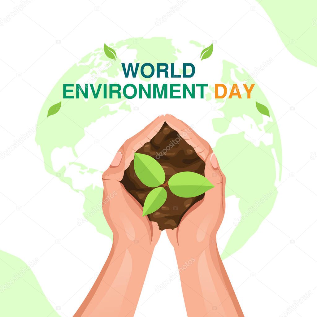 World Environment Day Poster with Hands holding plant on earth background. Vector Illustration