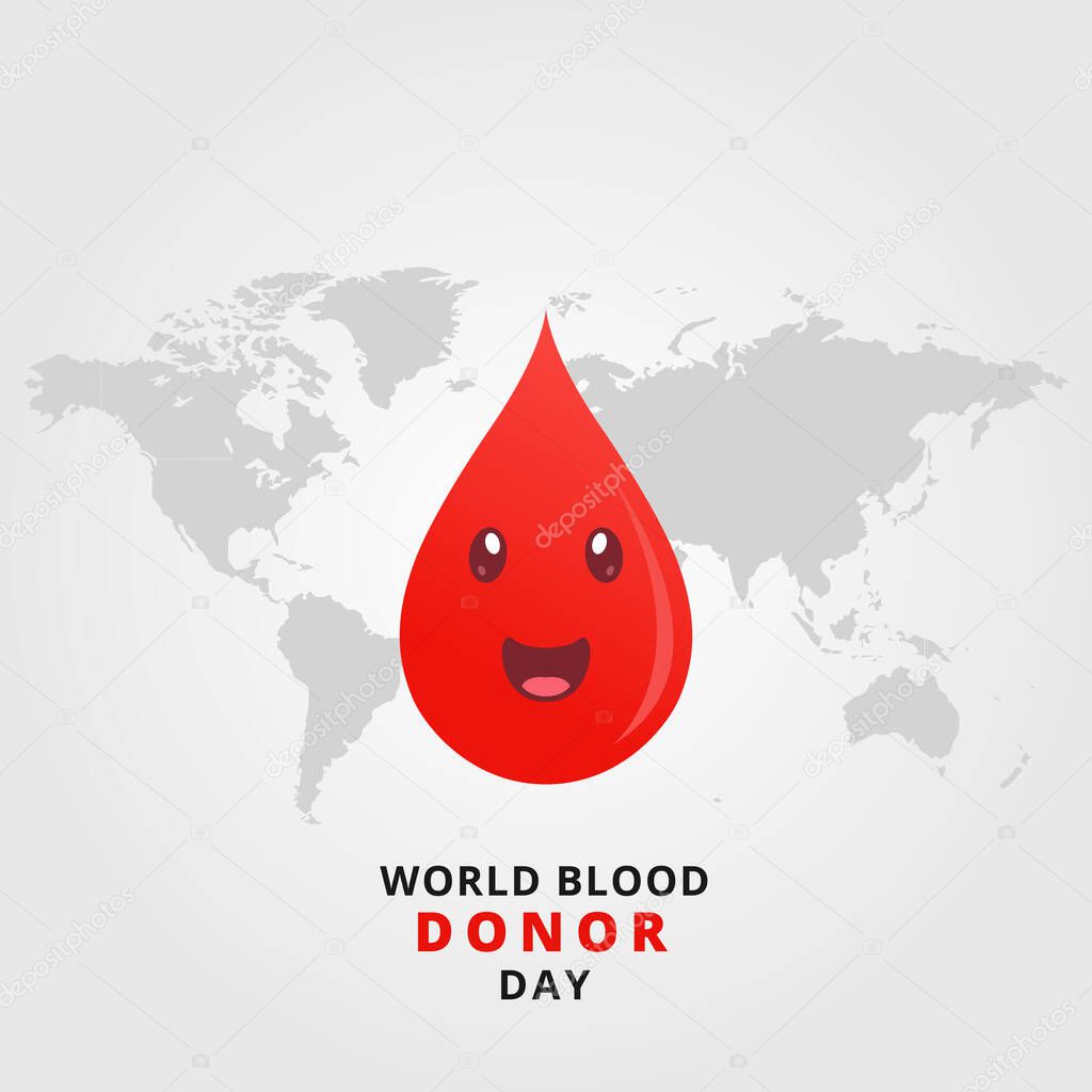 World blood donor day poster with cute blood drop and world map background. Vector Illustration