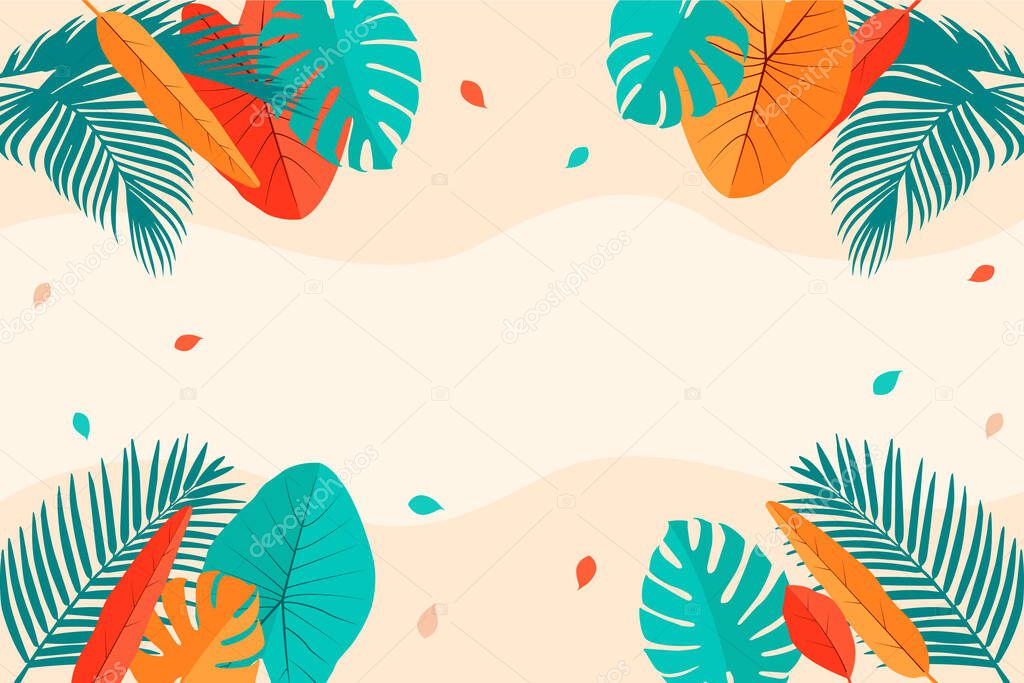 Flat Summer tropical leaf frame background. Tropical palm and monstera leaves vector illustration